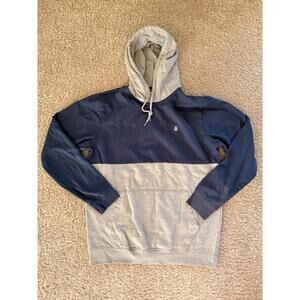 Volcom Mens Hoodie Large Colorblock Blue Gray Pullover Sweatshirt Cotton Blend L